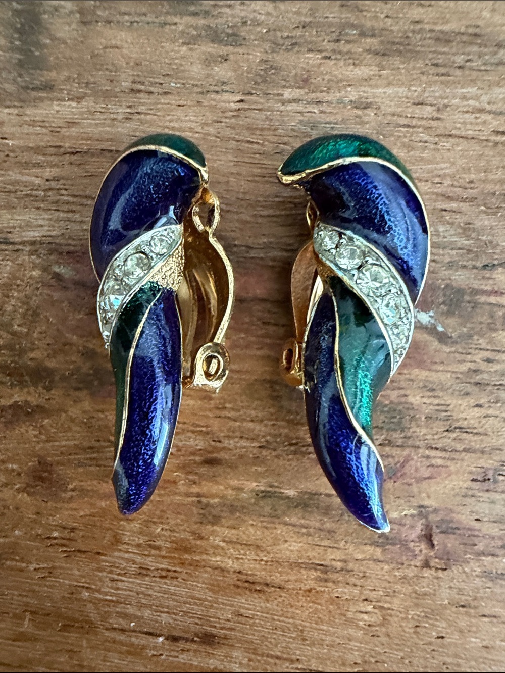Vintage Cloisonne Gold-Tone Navy & Teal Enamel Clip-On Earrings with Rhinestones